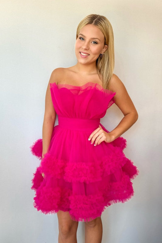 Fuchsia Strapless Tiered Tulle Short Homecoming Dresses
