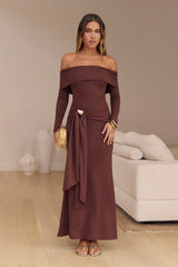 The Getaway Edit Off Shoulder Maxi Dress Chocolate