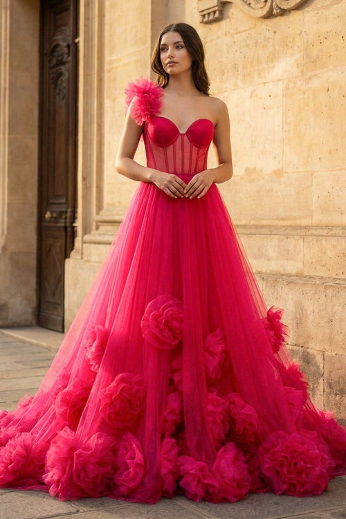 Hot Pink Ball Gown One-Shoulder Tulle Prom Dresses