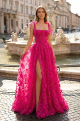Fuchsia - Elegant A-line 3D Flower Tulle Prom Dress With Slit