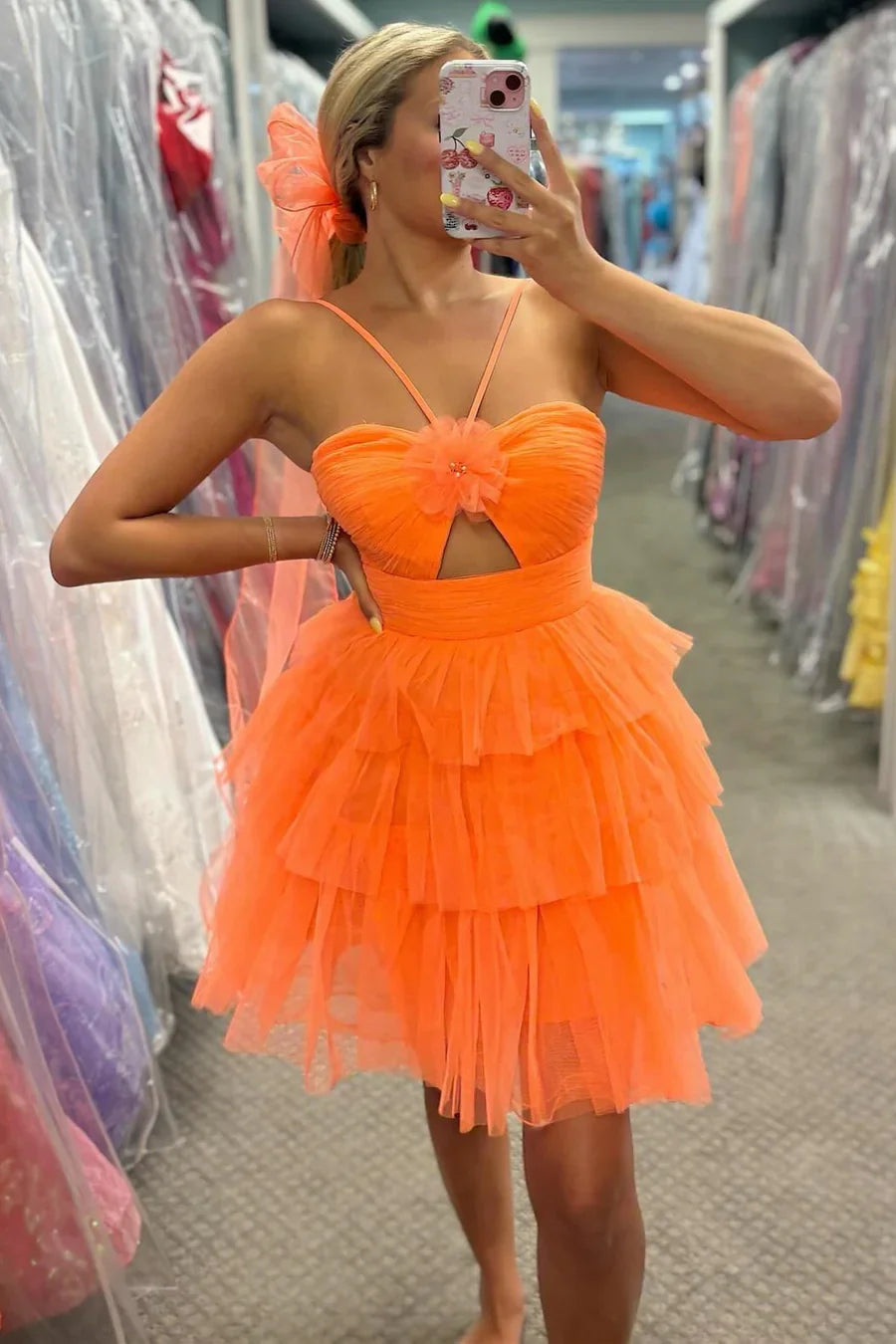 Fuchsia Keyhole Halter Tulle A Line Short Homecoming Dress with Ruffles