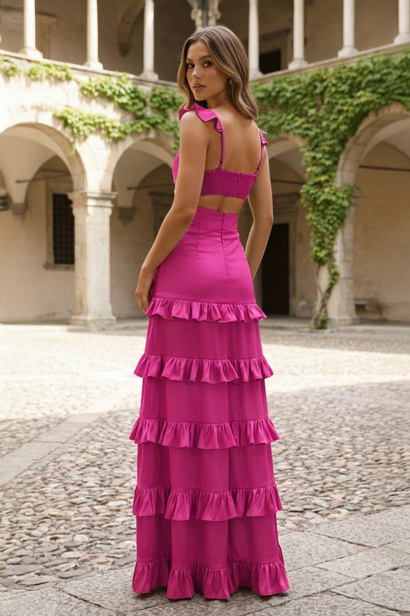 Knotted Sage Ruffles Mermaid Tiedred Maxi Dress