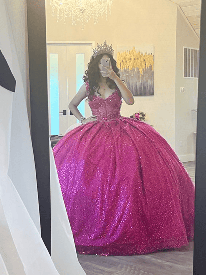 Fuchsia Sleeveless Sequin Quinceanera Dress