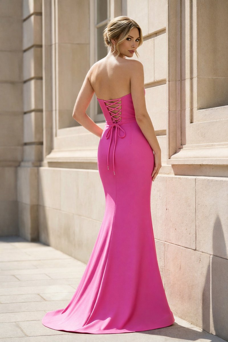 Fuchsia Strapless Mermaid Satin Long Prom Dresses With Beading