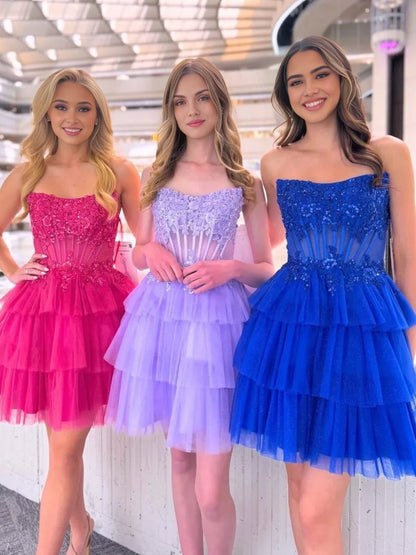Fuchsia - Strapless A Line Tulle Homecoming Dress With Appliques