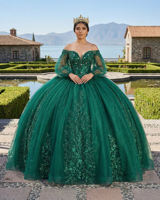 Dark Green Ball Gown Organza Half Sleeves Quinceanera Dress