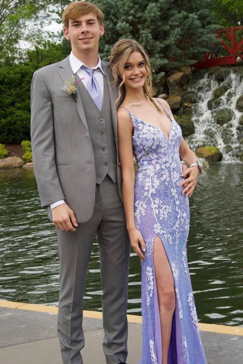 Glitter Blue Mermaid Lace Long Prom Dress with Slit