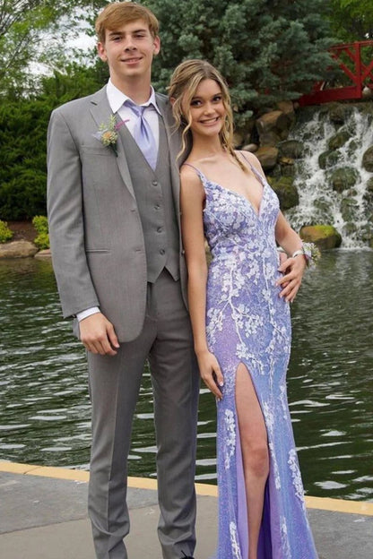Glitter Blue Mermaid Lace Long Prom Dress with Slit