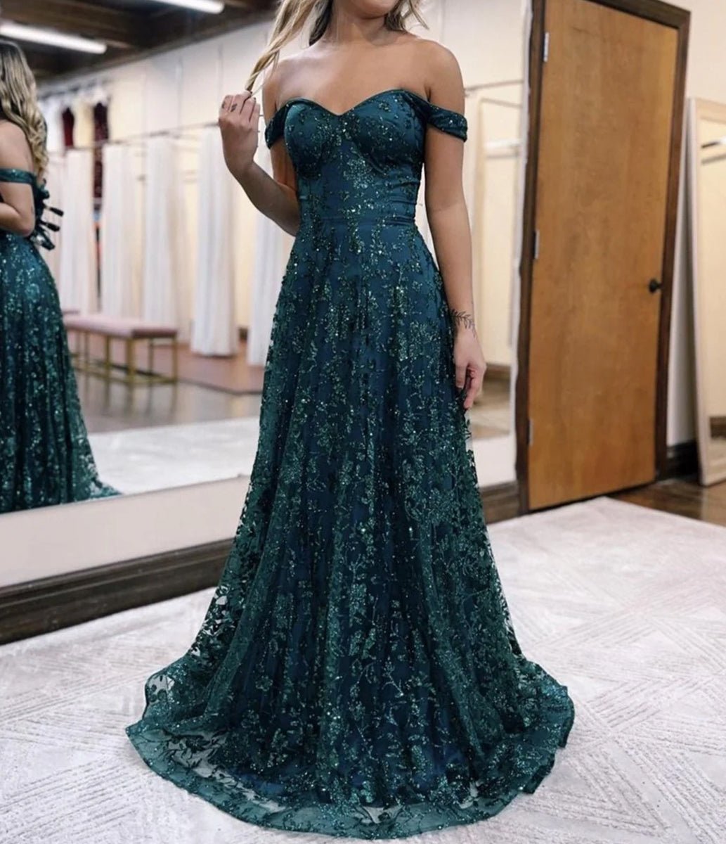 Glitter Mermaid Off The Shoulder Dark Green Long Prom Dress