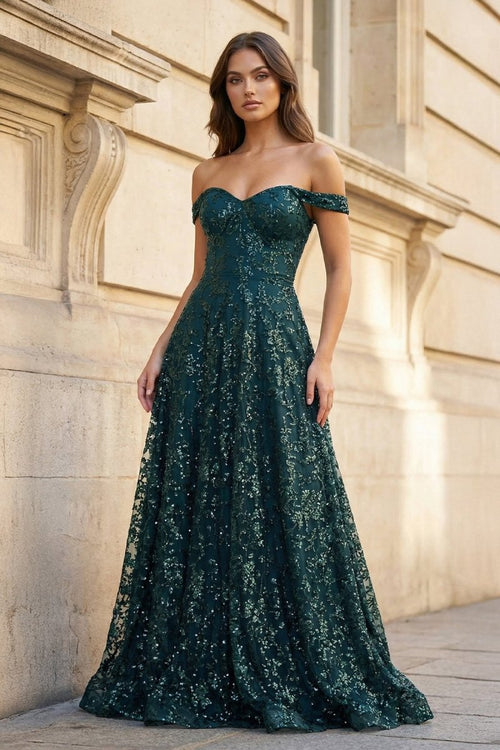 Glitter Mermaid Off The Shoulder Dark Green Long Prom Dress