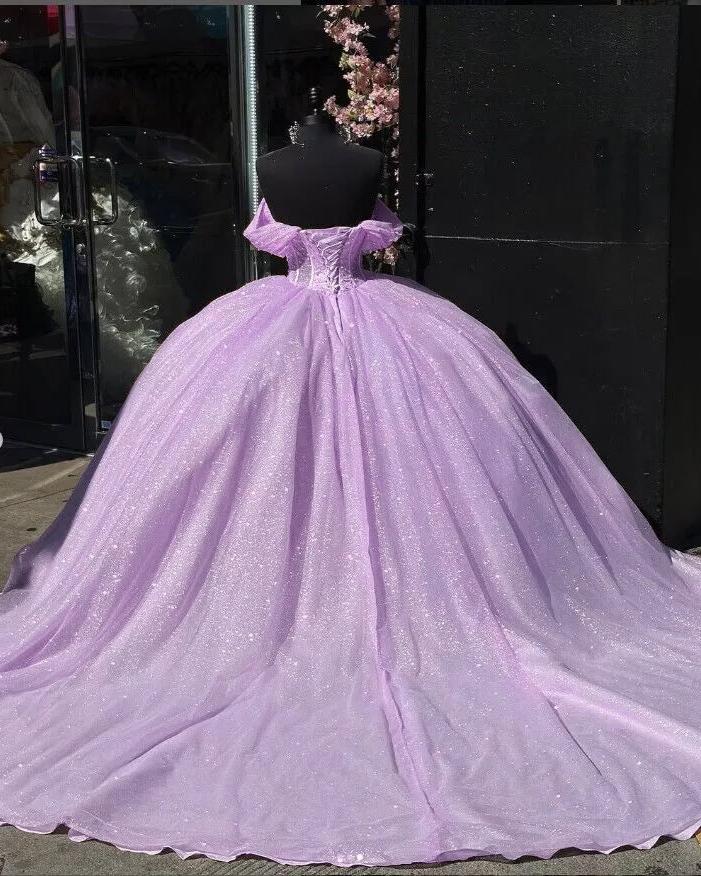 Glitter Off The Shoulder Pink Ball Gown Quinceanera Dresses