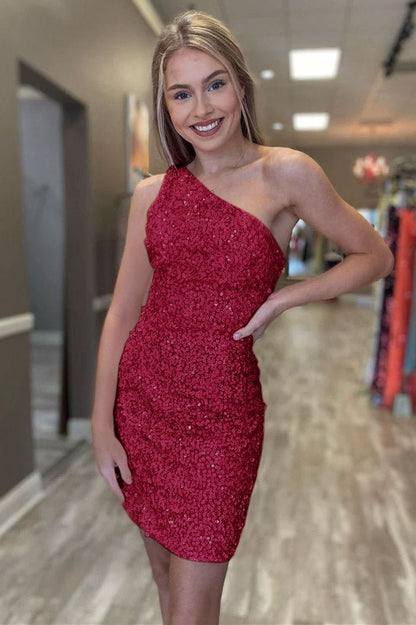 Hot Pink Sheath One Shoulder Sequins Mini Party Dresses