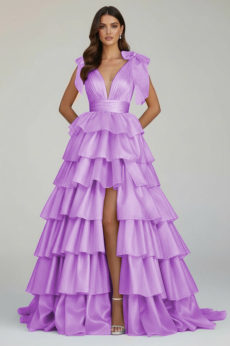 Glitter Tie Straps Pink Plunging Neck Tiered Long Prom Dress