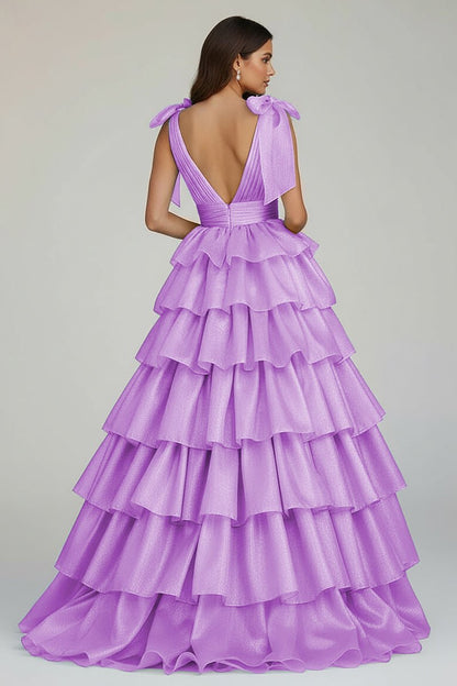Glitter Tie Straps Pink Plunging Neck Tiered Long Prom Dress