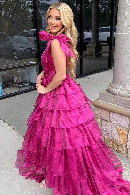 Glitter Tie Straps Pink Plunging Neck Tiered Long Prom Dress