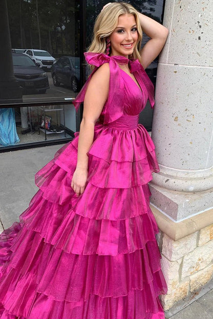 Glitter Tie Straps Pink Plunging Neck Tiered Long Prom Dress