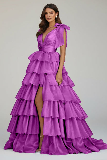 Glitter Tie Straps Pink Plunging Neck Tiered Long Prom Dress