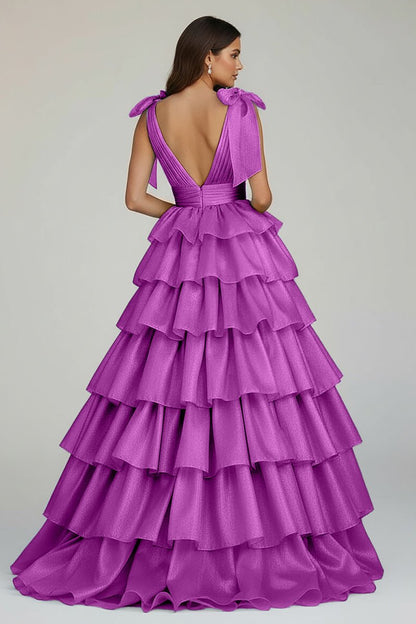 Glitter Tie Straps Pink Plunging Neck Tiered Long Prom Dress