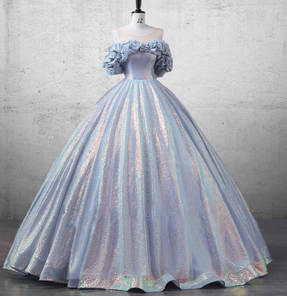 Glitz A Line Sky Blue Off The Shulder Sequined Quinceanera Dresses