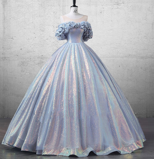 Glitz A Line Sky Blue Off The Shulder Sequined Quinceanera Dresses