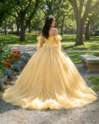 Gold Off Shoulder Tulle Quinceanera Dresses With Lace Appliques