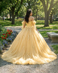 Gold Off Shoulder Tulle Quinceanera Dresses With Lace Appliques
