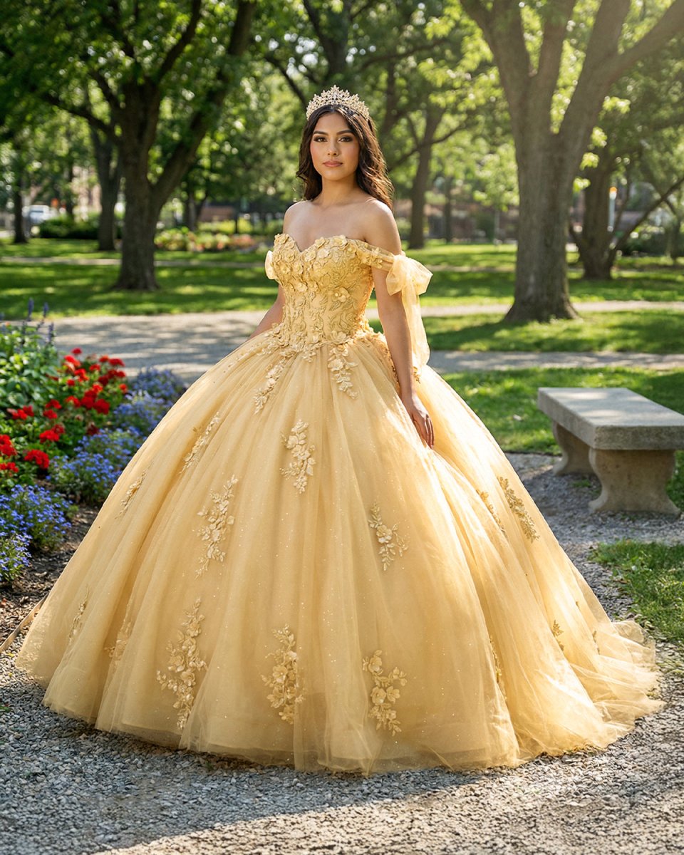 Gold Off Shoulder Tulle Quinceanera Dresses With Lace Appliques