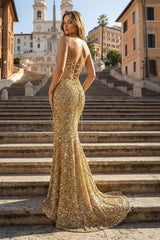 Gold Sequin Strapless Lace-Up Front Long Prom Dress with Slit