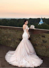Gorgeous Mermaid Appliqued Lace Tulle Bridal Gowns With Lace-up Back