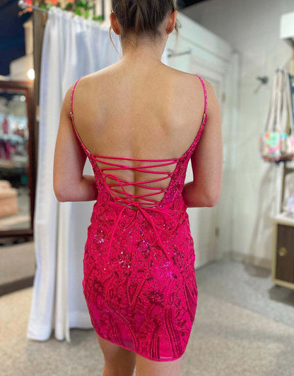 Gorgeous Spaghetti Straps Lace Up Tight Glitter Homecoming Dress