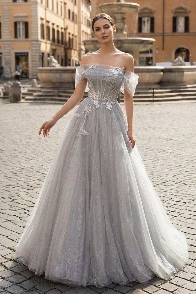 Gray A-Line Off the Shoulder Tulle Prom Dress, Lovely Corset Floor Length Party Dress