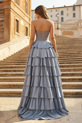 Gray Sweetheart A Line Satin Ruffled Long Prom Dresses With Slit