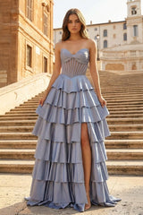 Gray Sweetheart A Line Satin Ruffled Long Prom Dresses With Slit