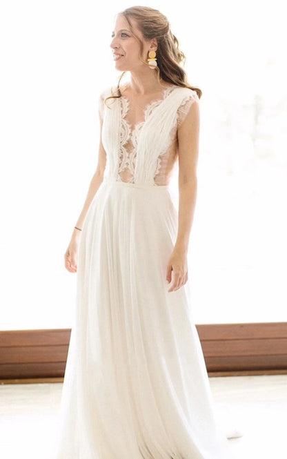 Greek A-Line Plunging Neckline Chiffon Lace Wedding Dress With Open Back And Pleats