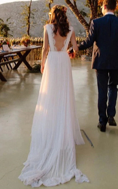 Greek A-Line Plunging Neckline Chiffon Lace Wedding Dress With Open Back And Pleats