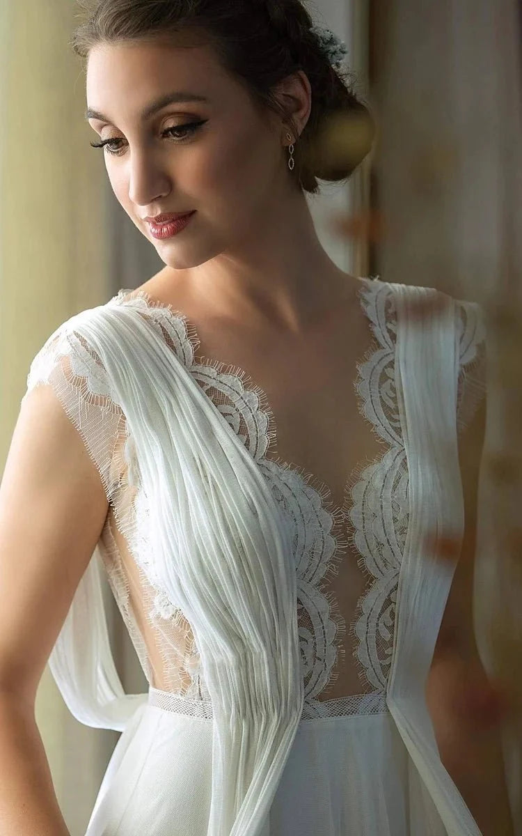 Greek A-Line Plunging Neckline Chiffon Lace Wedding Dress With Open Back And Pleats