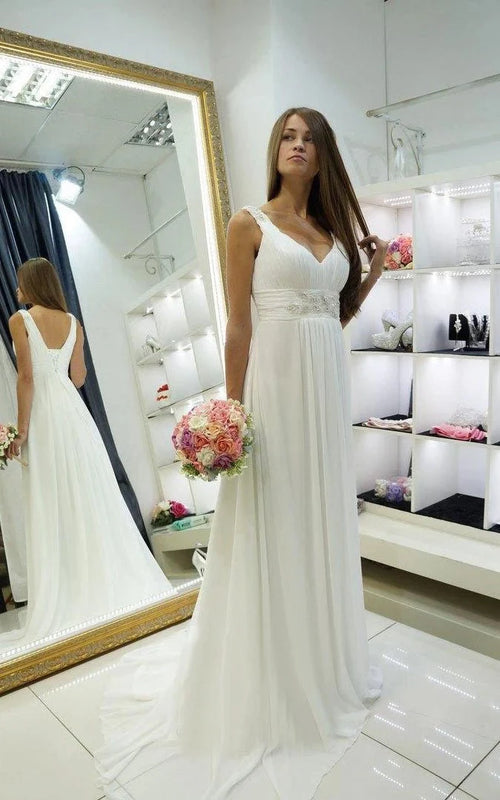 Greek Empire Strapped V-Neck Empire Chiffon Weddig Dress