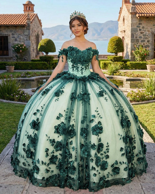 Green Ball Gown Off The Shoulder 3D Flowers Beads Applique Quinceanera Dresses