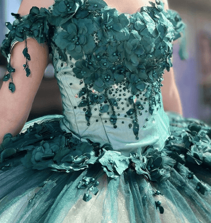 Green Ball Gown Off The Shoulder 3D Flowers Beads Applique Quinceanera Dresses
