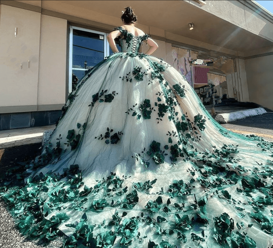Green Ball Gown Off The Shoulder 3D Flowers Beads Applique Quinceanera Dresses