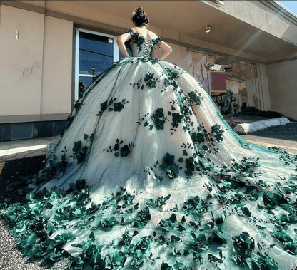 Green Ball Gown Off The Shoulder 3D Flowers Beads Applique Quinceanera Dresses