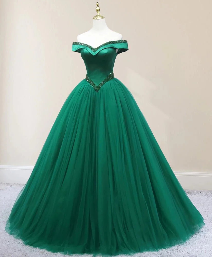 Green Beading Off the Shoulder Sweep-Train Quinceanera Dresses