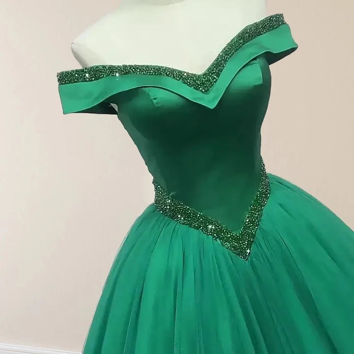 Green Beading Off the Shoulder Sweep-Train Quinceanera Dresses