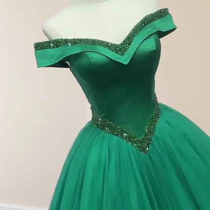 Green Beading Off the Shoulder Sweep-Train Quinceanera Dresses