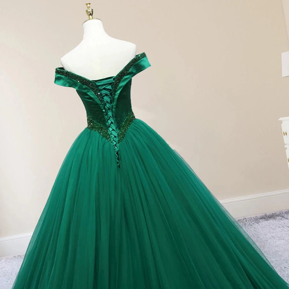 Green Beading Off the Shoulder Sweep-Train Quinceanera Dresses