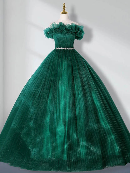 Green Off Shoulder Tulle Long Quinceanera Dresses