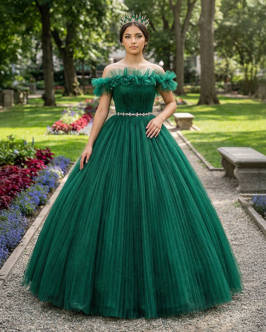 Green Off Shoulder Tulle Long Quinceanera Dresses