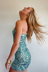 Green Sequins Strapless Tight Mini Party Dresses