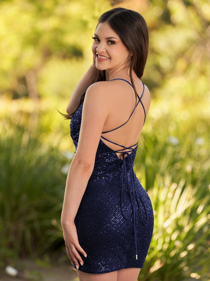 Greta | Black Sequin Lace Up Short Tight Homecoming Dress