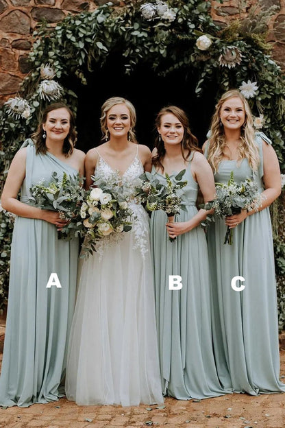 Grey Green Chiffon Spaghetti Straps A-Line Long Bridesmaid Dress